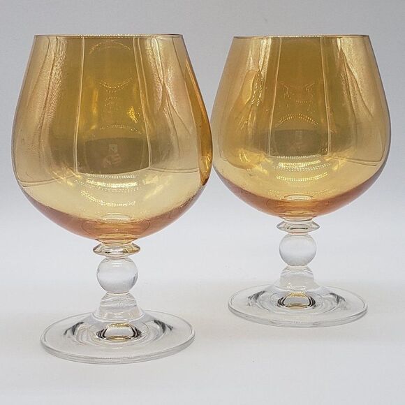 Set of 2 Iridescent Amber Glass 6" Brandy Snifters - Picture 9 of 10